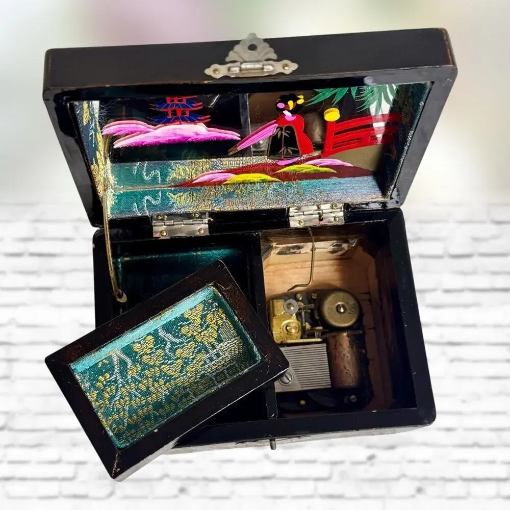 Vintage Japanese Music Box Wooden Lacquer Jewelry Abalone Inlay Trinket KK Japan